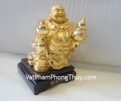 Di lặc vàng đứng đế gỗ nhỏ - phước lộc như ý A138